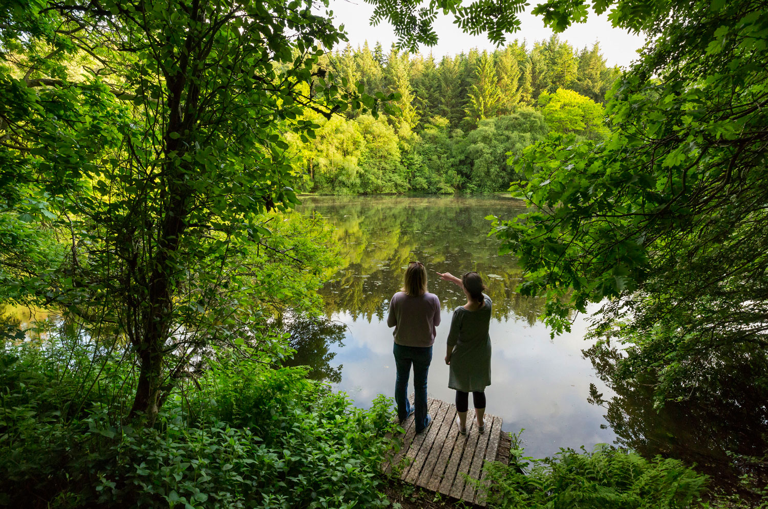 Two people stood on a small wooden jetty overlooking a lake surrounded by trees