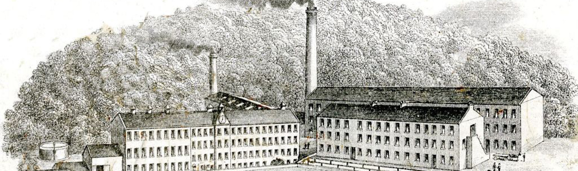 Black and white drawing of a mill in front of trees