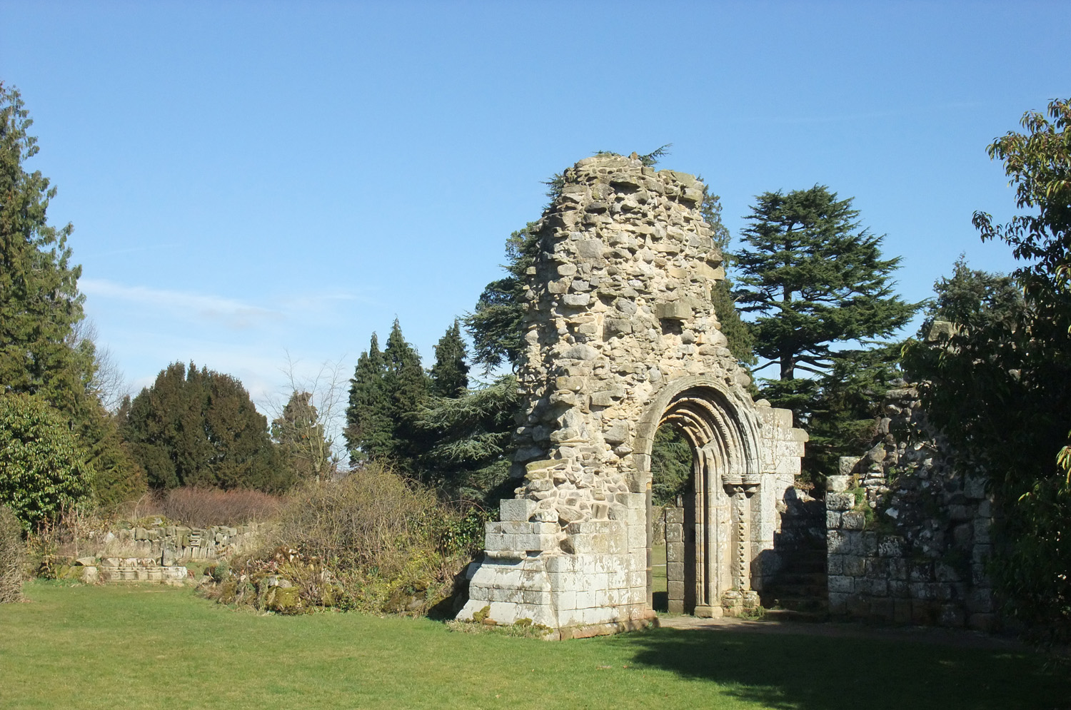 Stone ruins of an abbey surrounded by trees