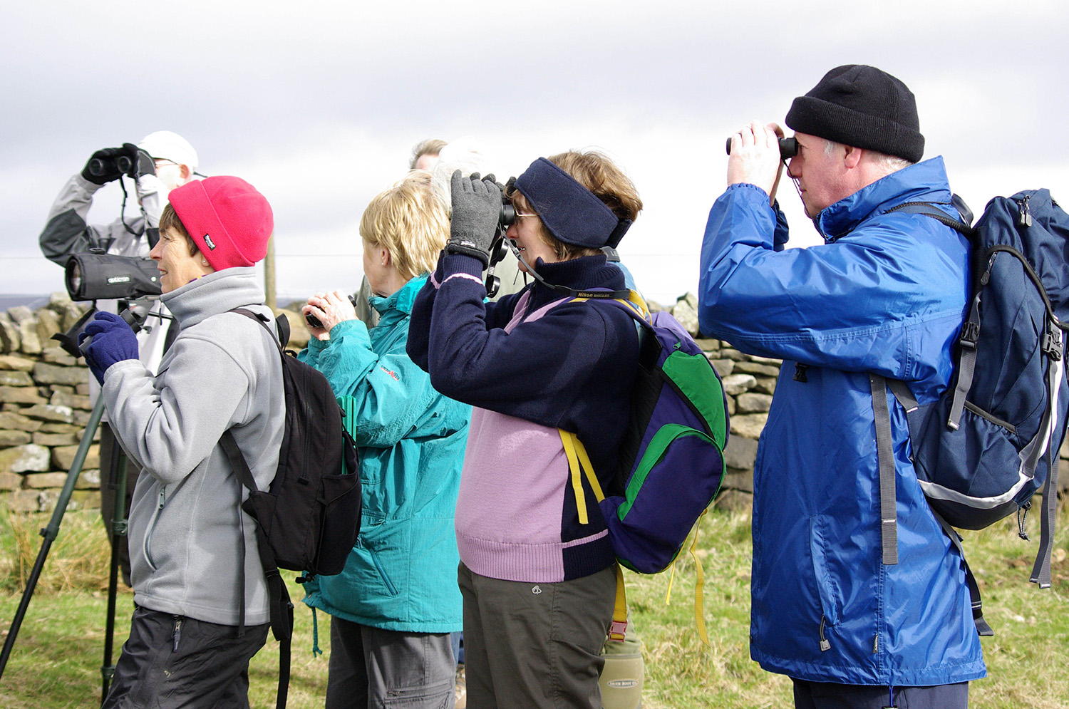 Group of people in field looking through binoculars